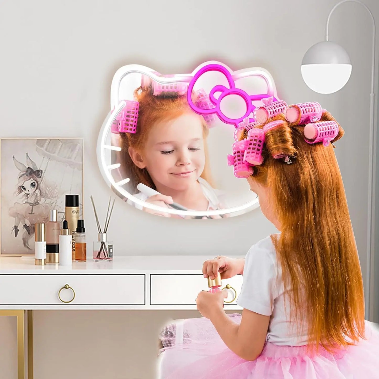 Hello Kitty-Inspired LED Neon Mirror Sign – USB Powered Wall Decor