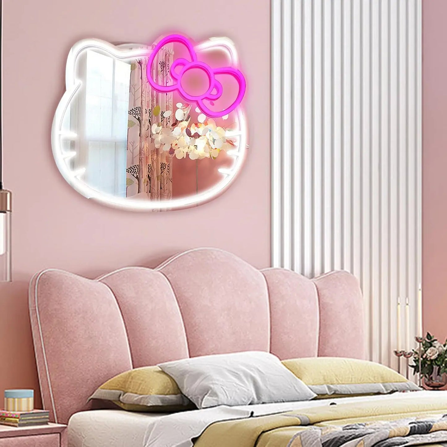 Hello Kitty-Inspired LED Neon Mirror Sign – USB Powered Wall Decor