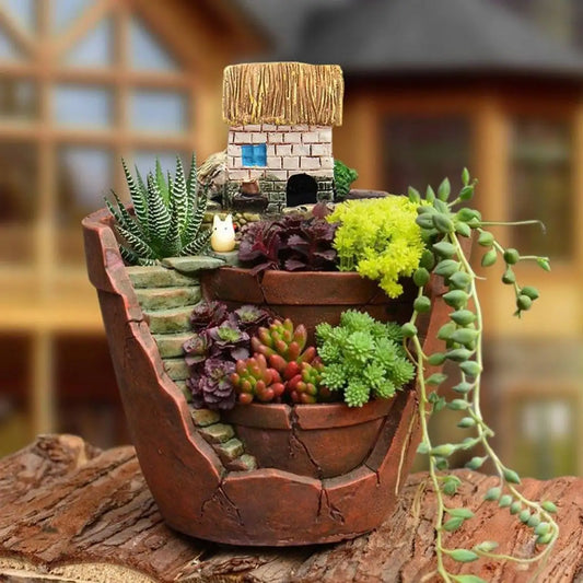 Mini Fairy House Succulent Planter – Broken Pot Garden Display with Cottage and Stairs
