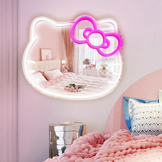 Hello Kitty-Inspired LED Neon Mirror Sign – USB Powered Wall Decor