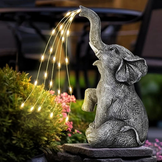 Solar Resin Elephant Garden Light – Outdoor Ornament with String Waterfall LEDs